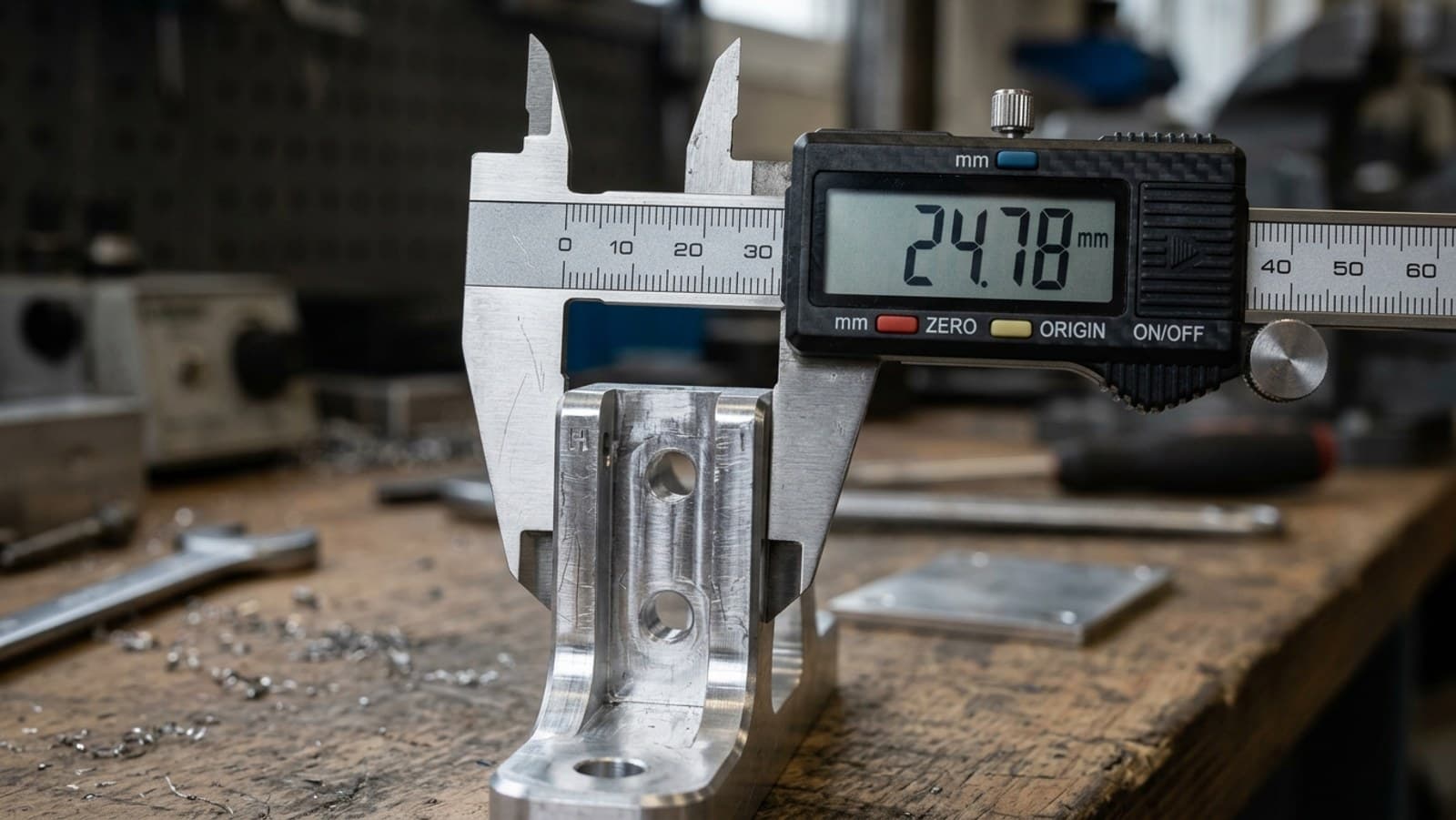 A caliper measuring a machined part
