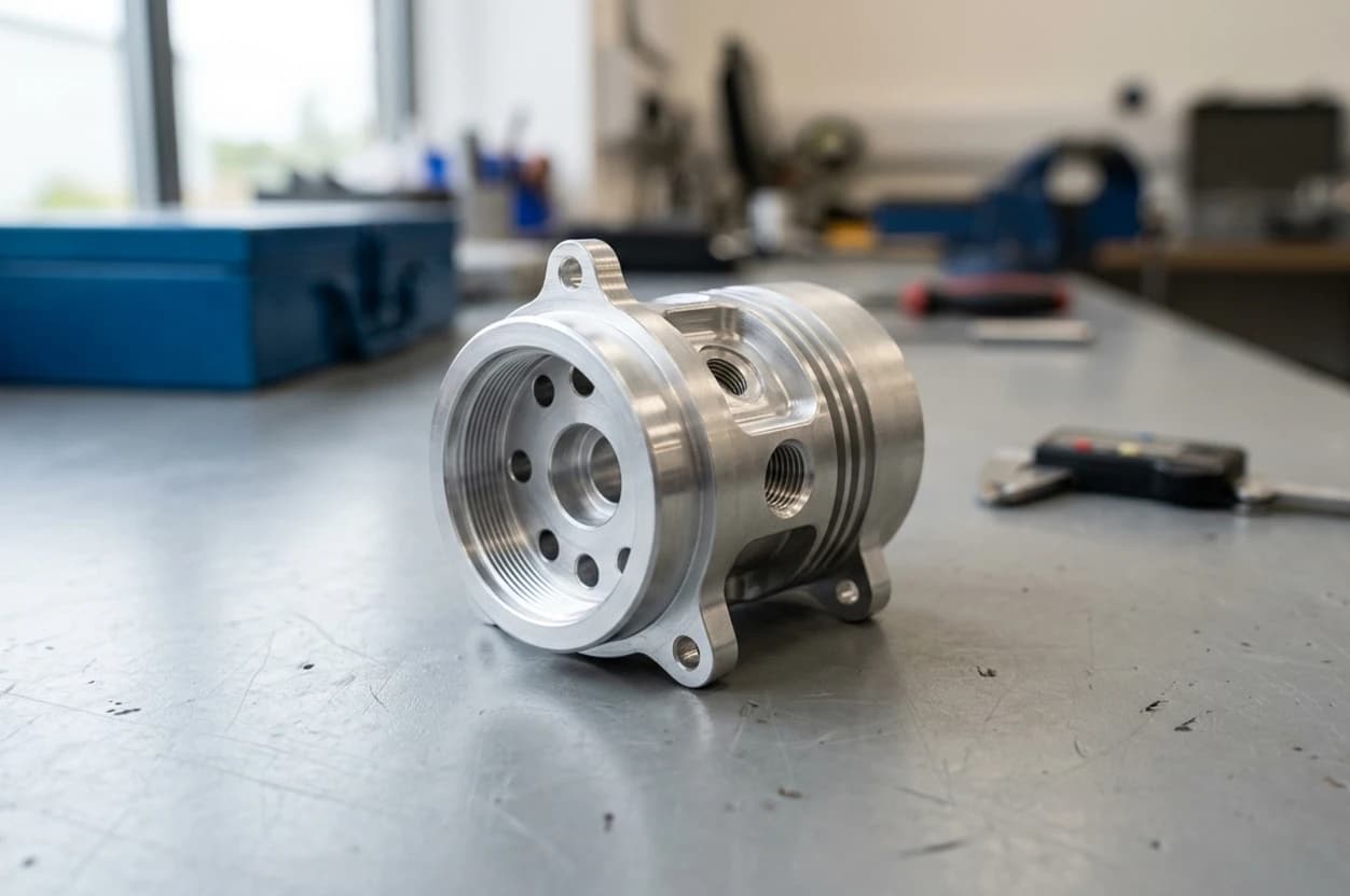 Photo of a machined sensor housing part on a workbench