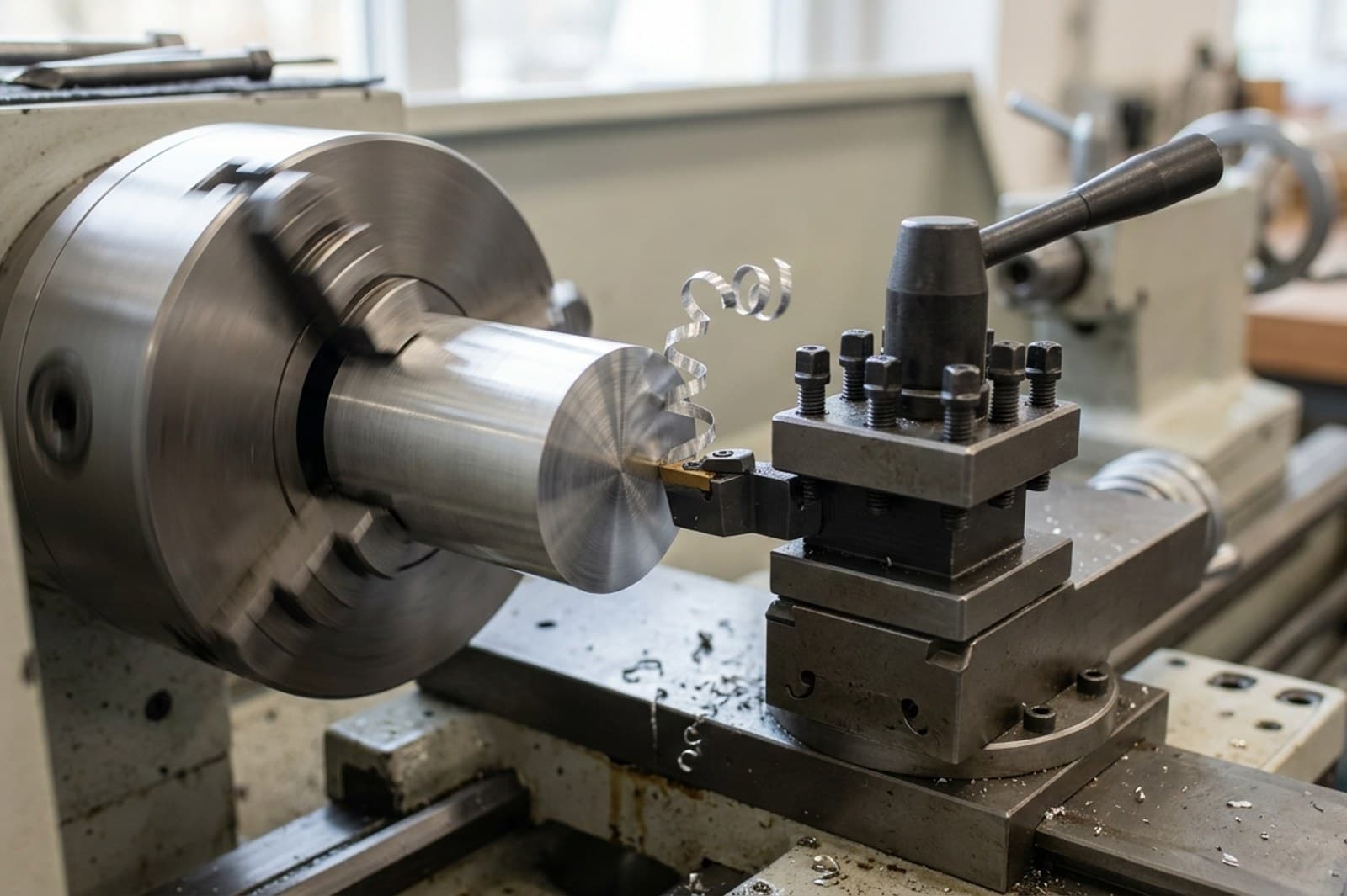 A round part being turned on a lathe, revolved from a half-section