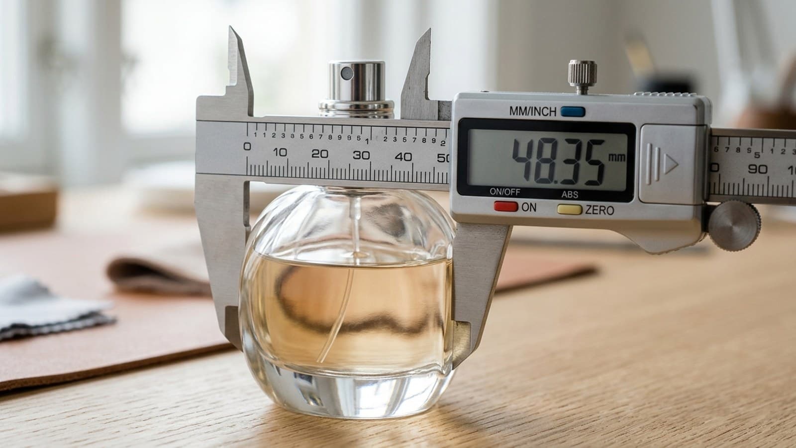 A caliper measuring a polished perfume bottle