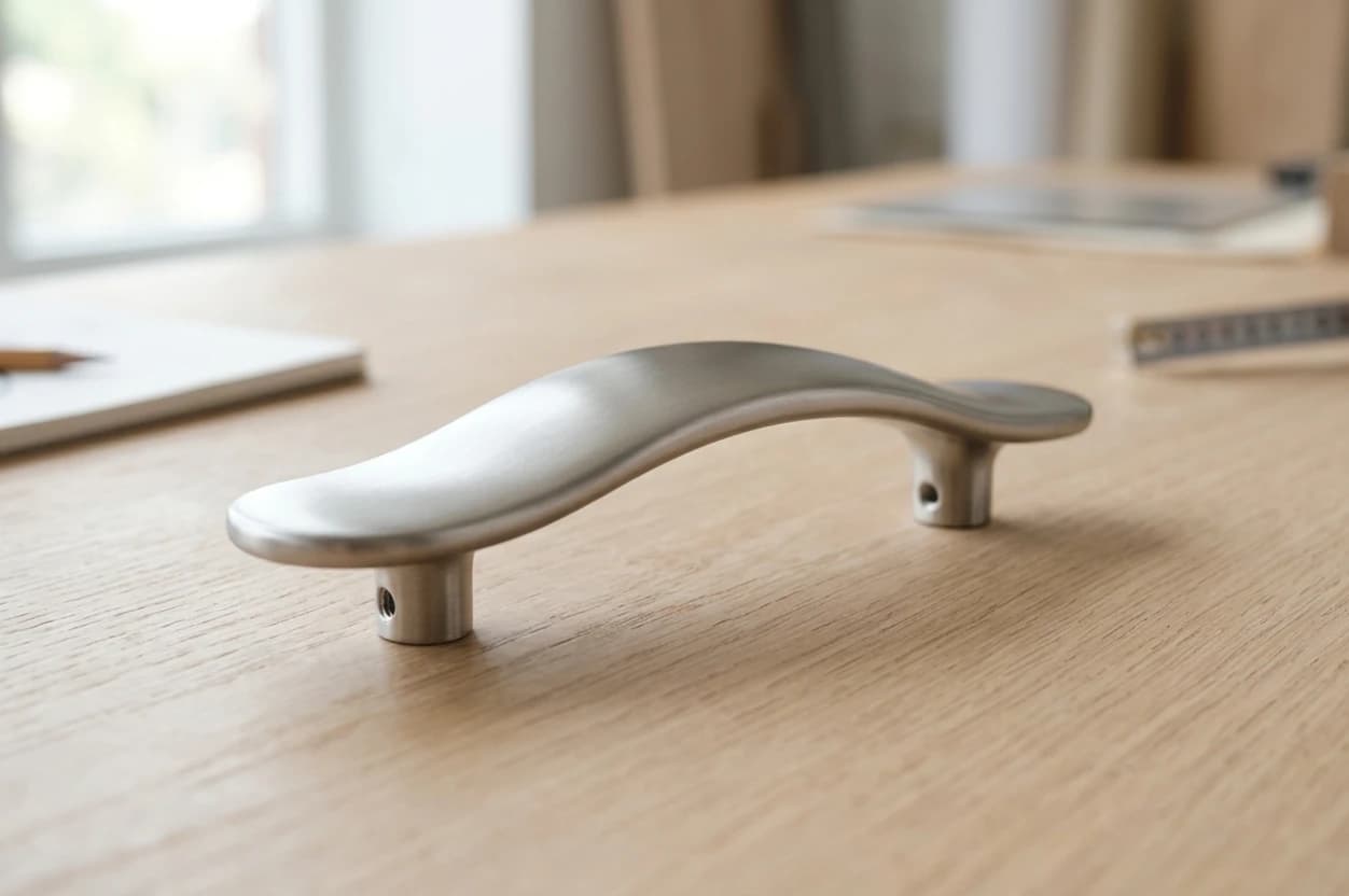 Photo of a sculpted cabinet pull handle on a studio bench
