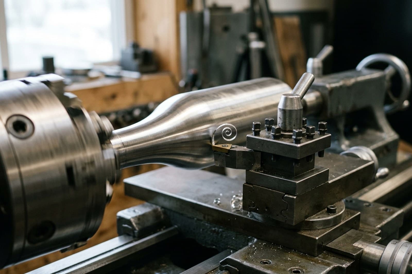 A bottle form being turned on a lathe, revolved from a profile