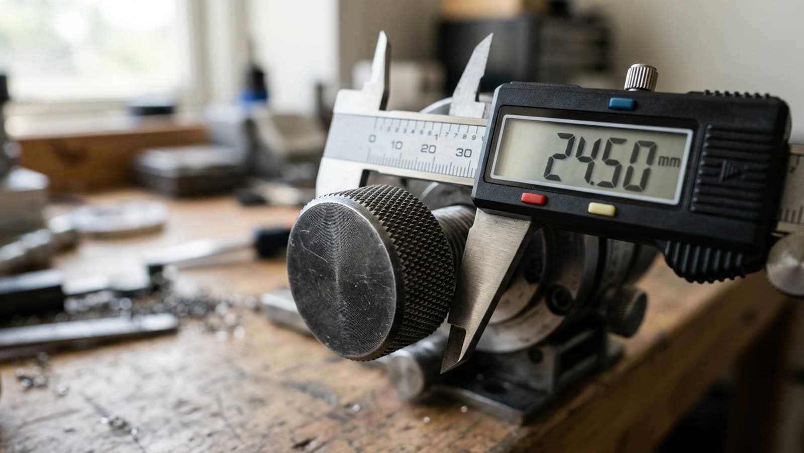 A caliper measuring a machined knob