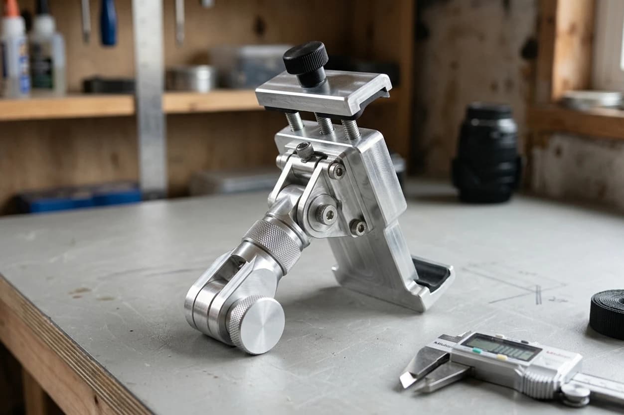 Photo of a machined tablet clamp mount part on a workbench