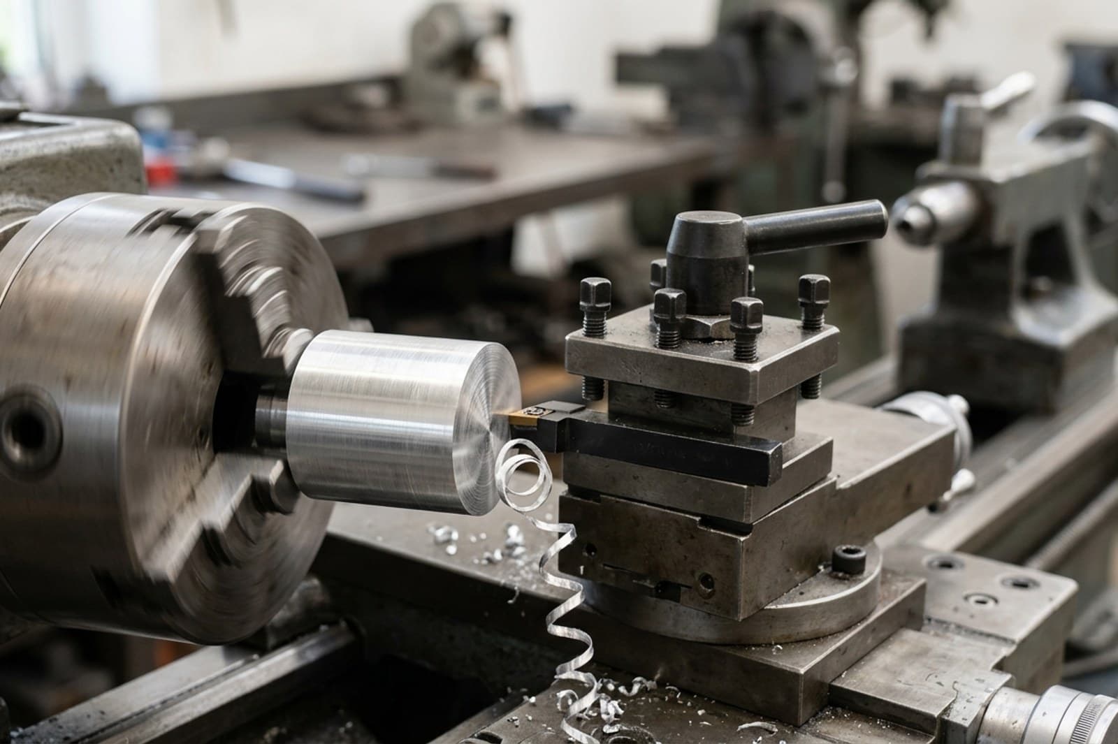 A round part being turned on a lathe, revolved from a half-section