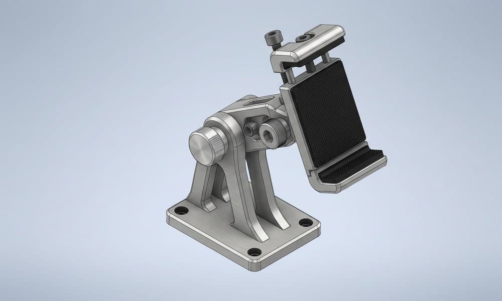 A machined aluminium tablet clamp mount modelled in Shapr3D