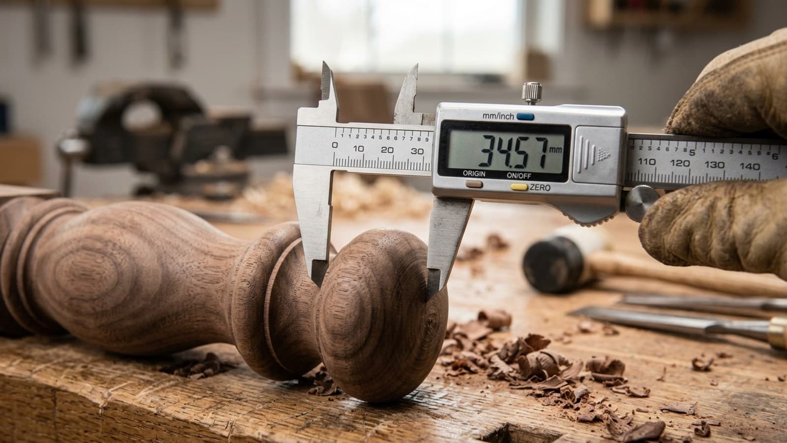 A caliper measuring a turned hardwood baluster