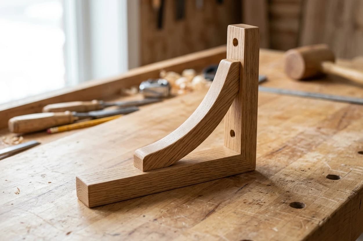 Photo of a solid oak shelf bracket on a woodworking bench