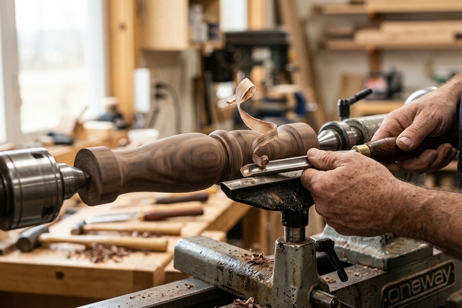 A baluster being turned on a lathe, made with Follow Me