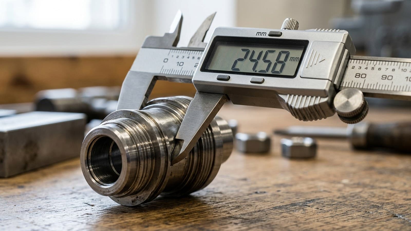 A caliper measuring a machined part