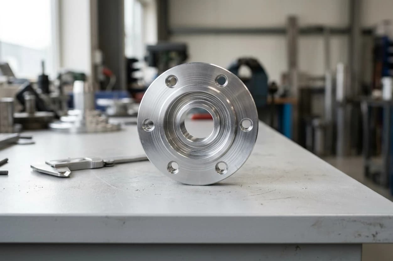 Photo of a machined flange part on a workbench