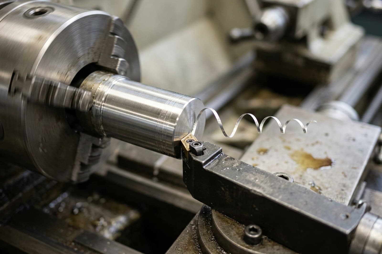 A round part being turned on a lathe, revolved from a half-section
