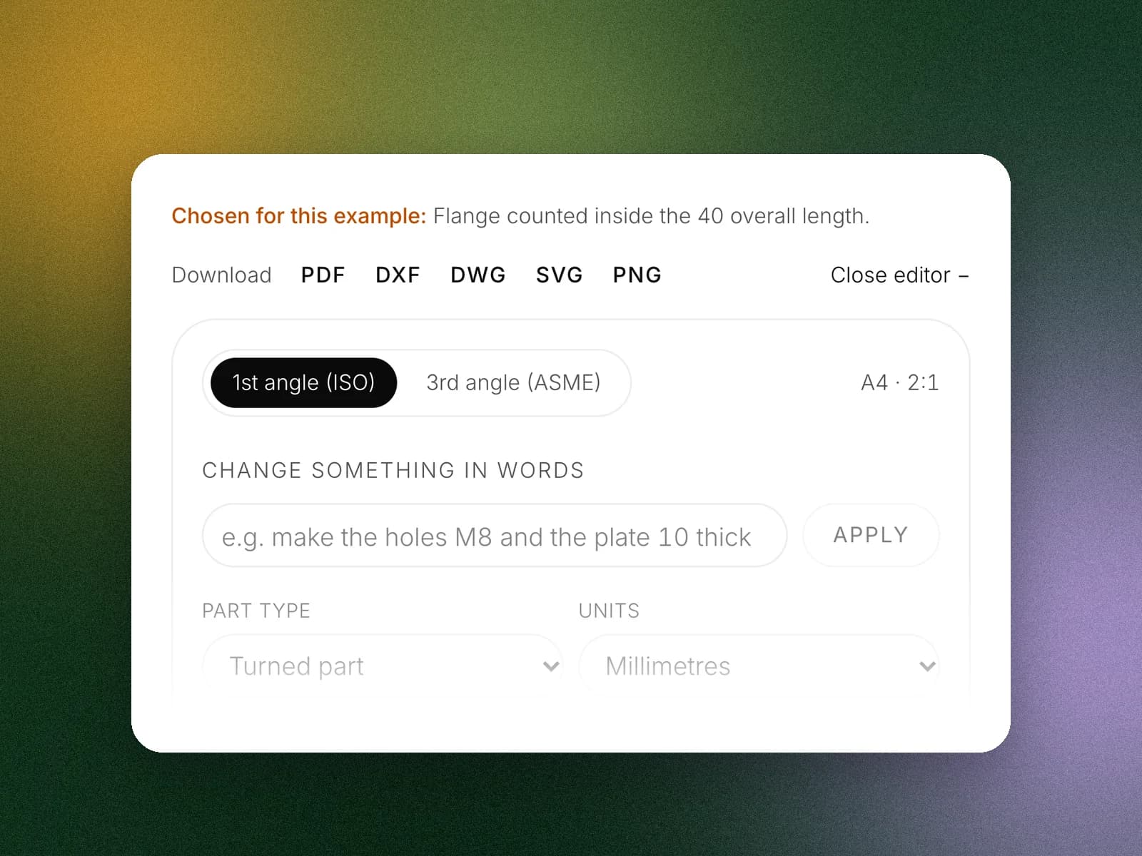 The value chosen for the description listed under the text box, with the size editor open