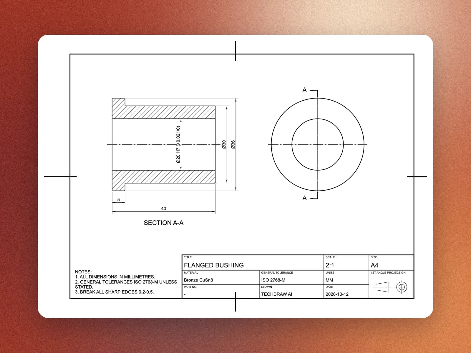 The finished technical drawing of the flanged bushing in full section with an end view
