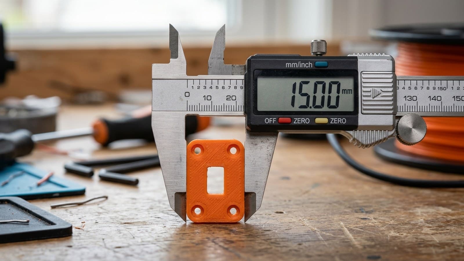 A caliper measuring a flat 3D-printed cable clip