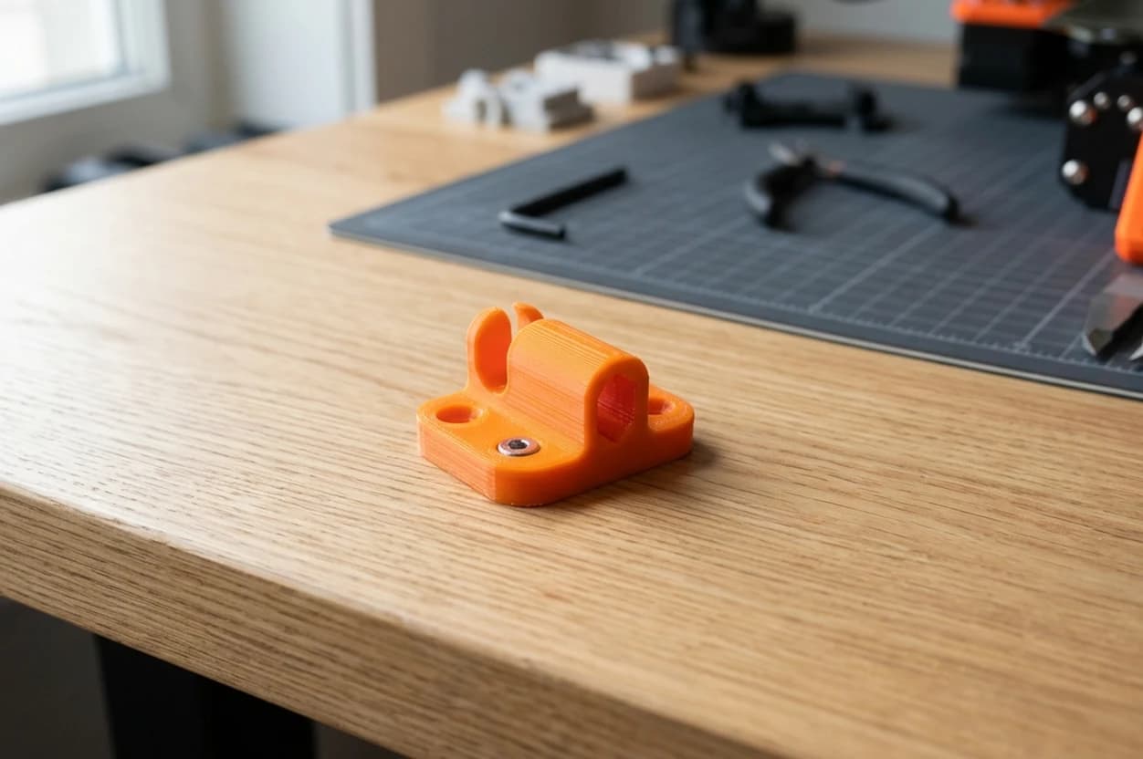 Photo of a flat 3D-printed cable clip on a maker desk