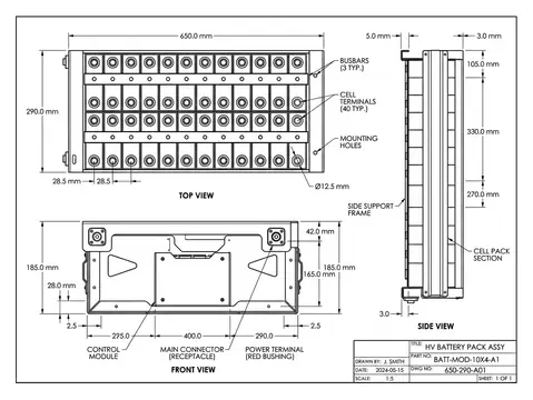 A dimensioned orthographic technical drawing with a title block, drawn from a photograph