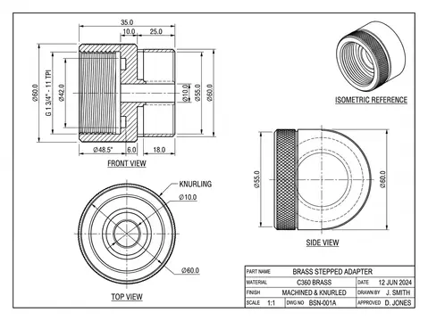 A dimensioned orthographic technical drawing with a title block, drawn from a photograph