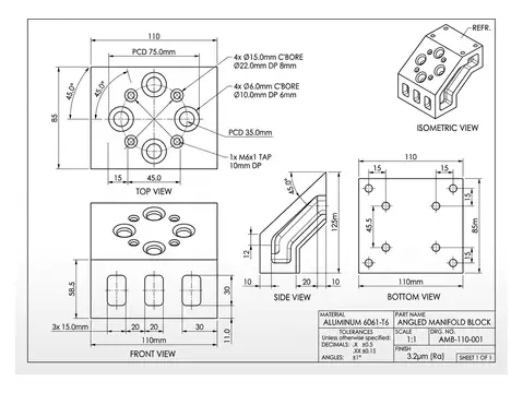 A dimensioned orthographic technical drawing with a title block, drawn from a photograph