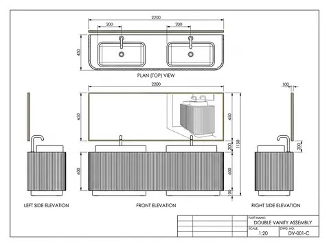 A dimensioned orthographic technical drawing with a title block, drawn from a photograph