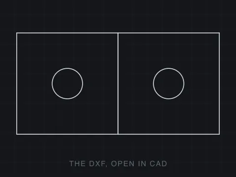A two panels sharing an edge drawing open in a CAD program, light lines on a dark background