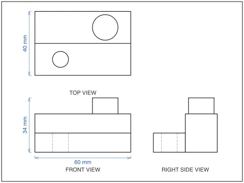 Front, top and side views of a 3D model laid out on one sheet with hidden lines dashed