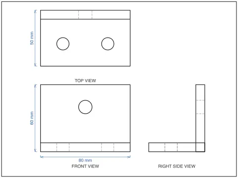 Front, top and side views of a 3D model laid out on one sheet with hidden lines dashed