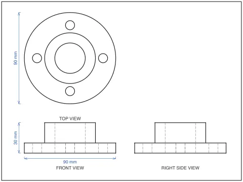 Front, top and side views of a 3D model laid out on one sheet with hidden lines dashed
