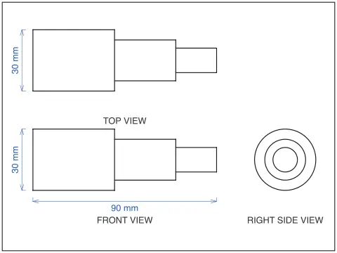 Front, top and side views of a 3D model laid out on one sheet with hidden lines dashed