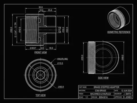 A Brass stepped adapter drawing open in a CAD program, light lines on a dark background