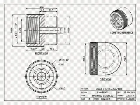 The same Brass stepped adapter drawing exported as a PNG with flat black lines on a transparent background