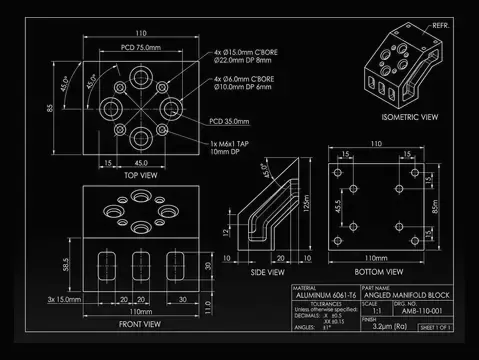 A Angled manifold block drawing open in a CAD program, light lines on a dark background