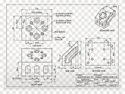 The same Angled manifold block drawing exported as a JPG with flat black lines on a transparent background