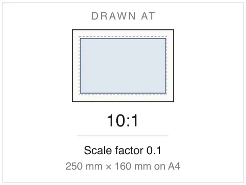 The same 25 by 16 mm machined detail drawn on a A4 sheet at 10:1