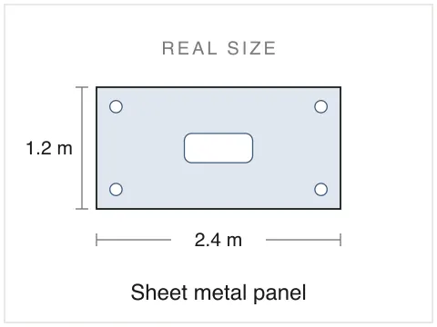 A 2.4 by 1.2 m sheet metal panel at its real size, with both dimensions marked