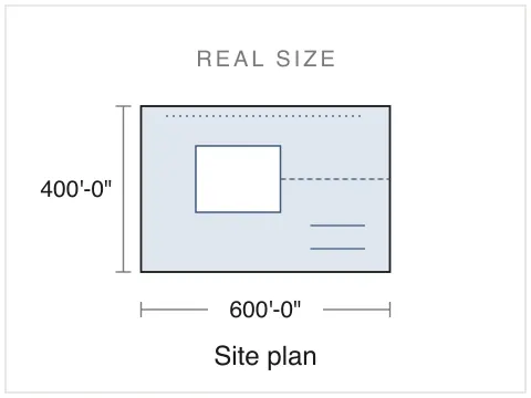 A 600 by 400 ft site at its real size, with both dimensions marked