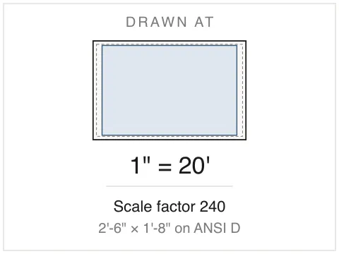 The same 600 by 400 ft site drawn on a ANSI D sheet at 1" = 20'