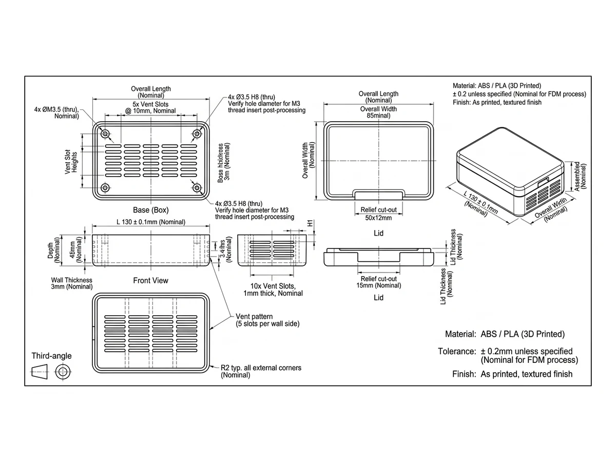 The finished dimensioned technical drawing of the 3D printed enclosure