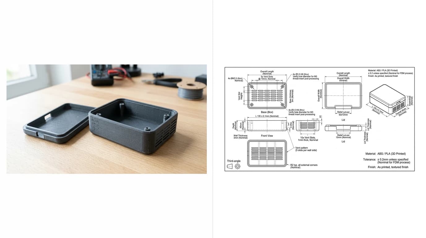 A photo of a 3D printed electronics enclosure on the left and the dimensioned technical drawing generated from it on the right