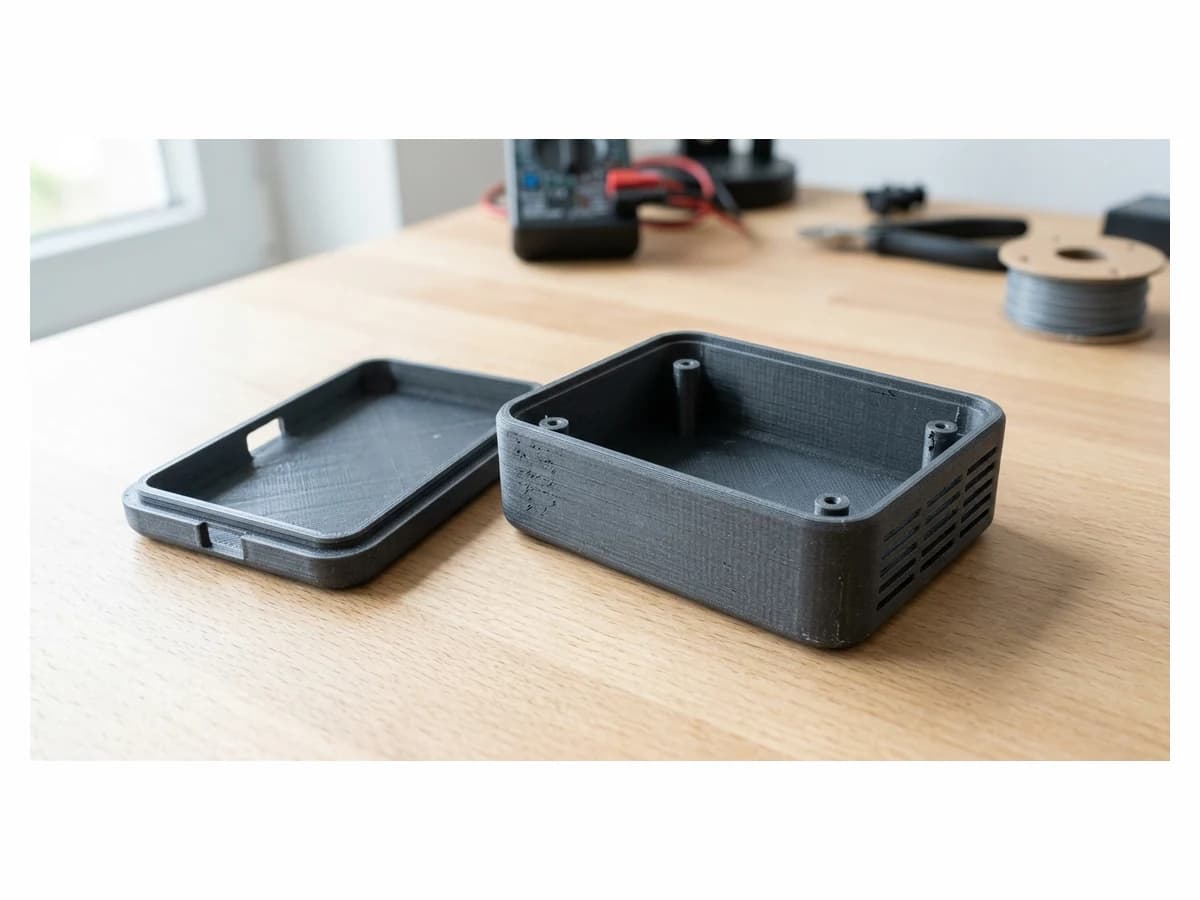A 3D printed electronics enclosure with visible layer lines photographed on a desk