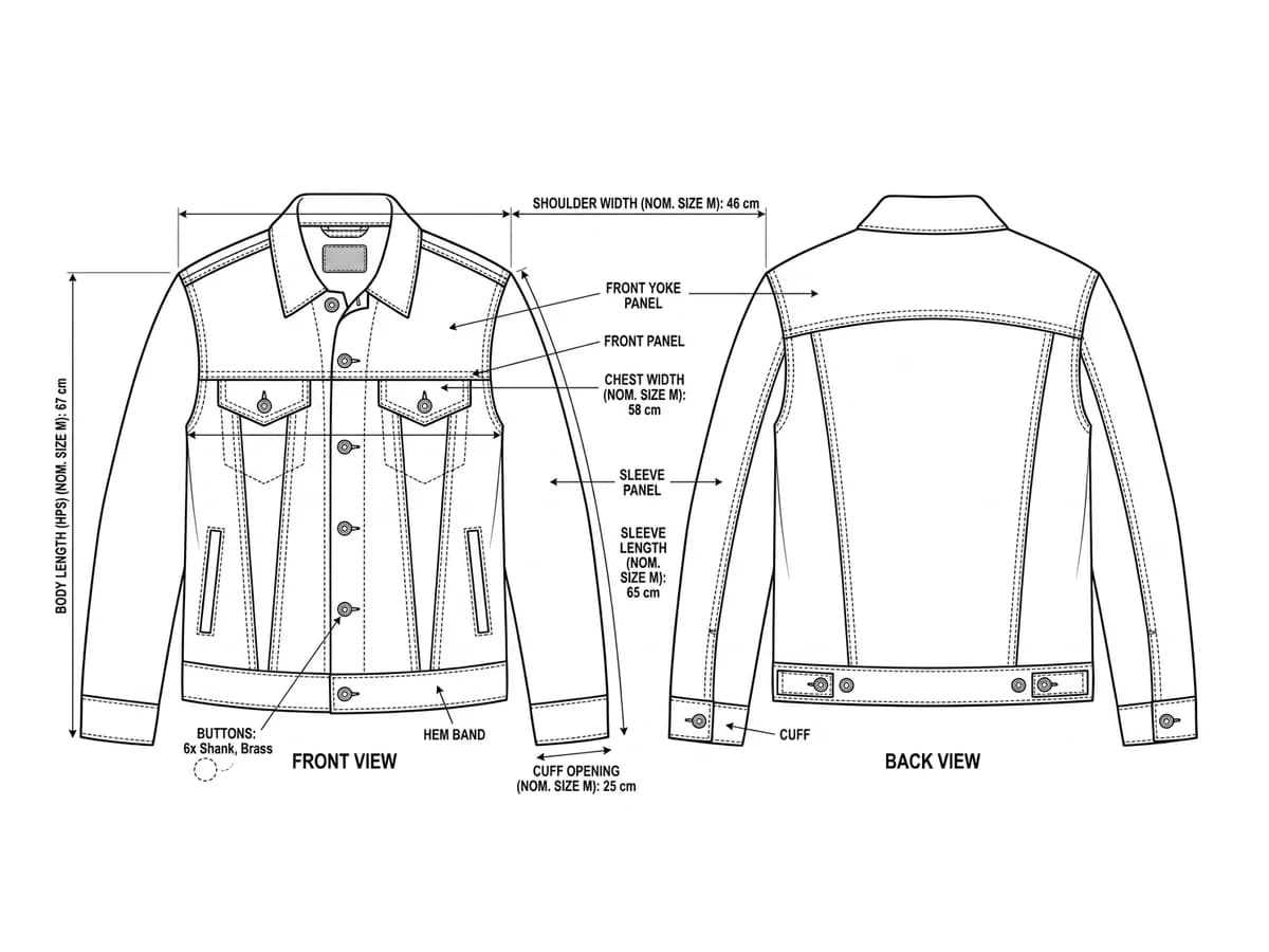The finished fashion technical flat of the jacket with front and back views and measurement callouts