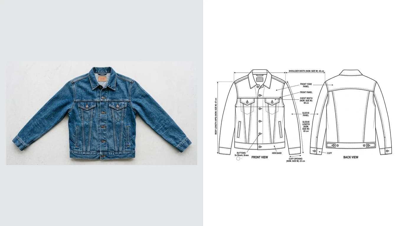 A photo of a denim trucker jacket laid flat on the left and the fashion technical flat generated from it on the right, with front and back views and measurement callouts