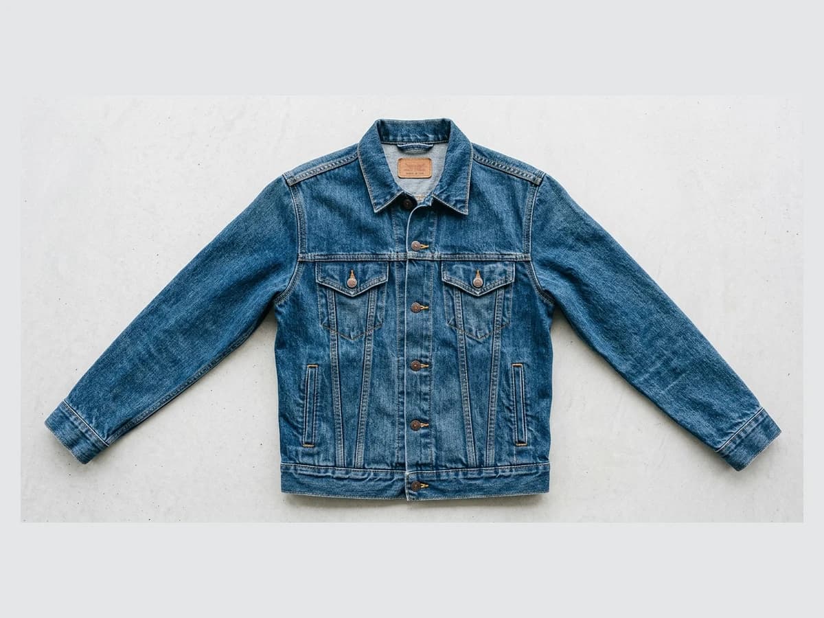 A denim trucker jacket laid flat and photographed from above, ready to upload