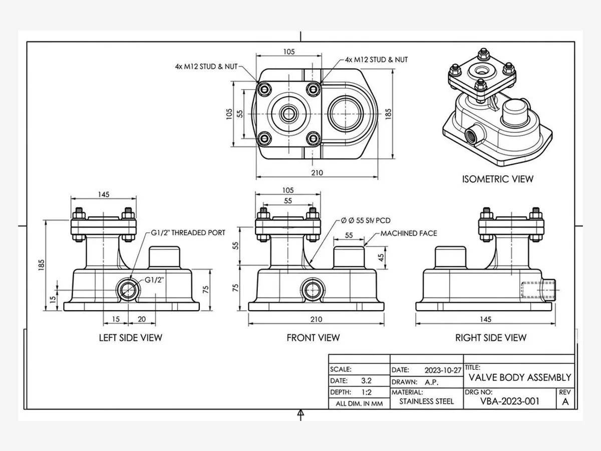 Front, top and right views of a cast valve body, the kind of sheet this takes