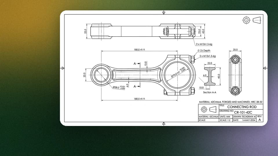 A dimensioned working drawing of a steel connecting rod
