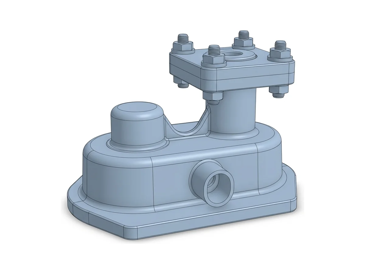 The 3D CAD model of that valve body, shown shaded with its edges