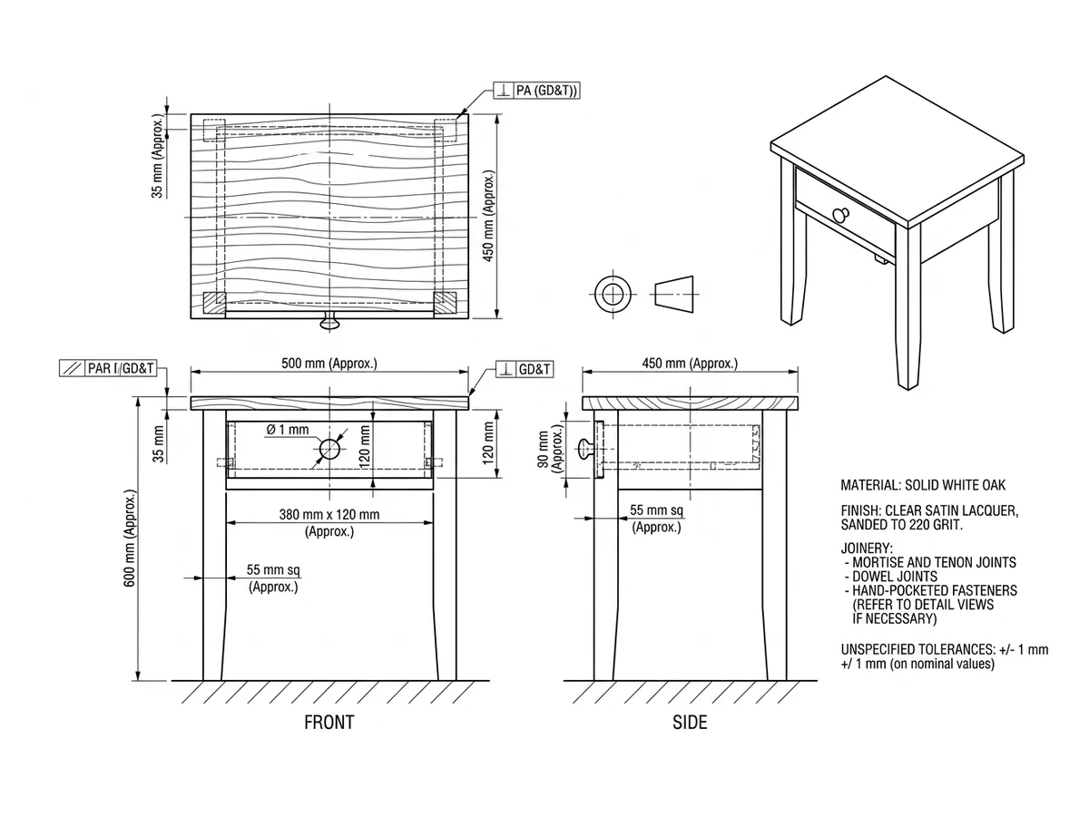 The finished dimensioned shop drawing of the side table with views and callouts