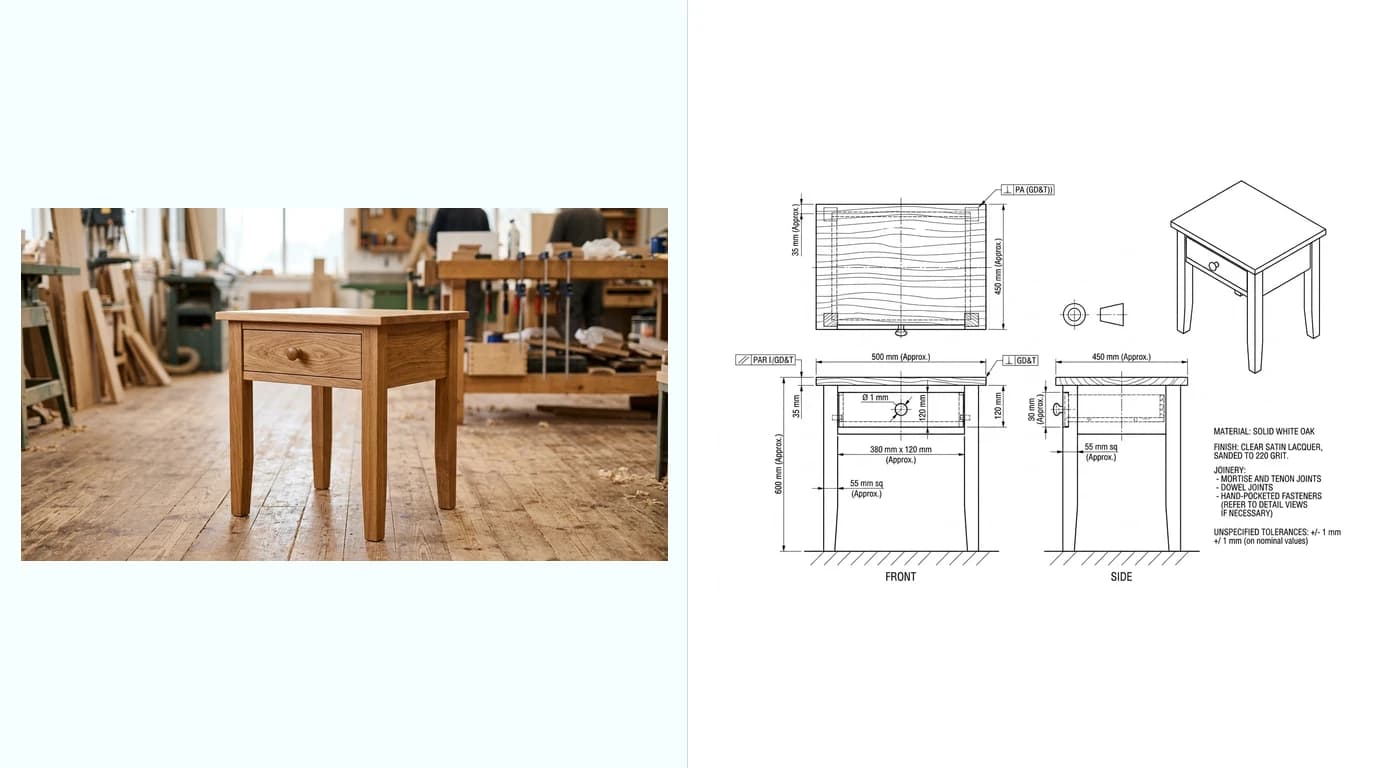 A photograph of an oak bedside table beside the dimensioned technical drawing an agent generated from it