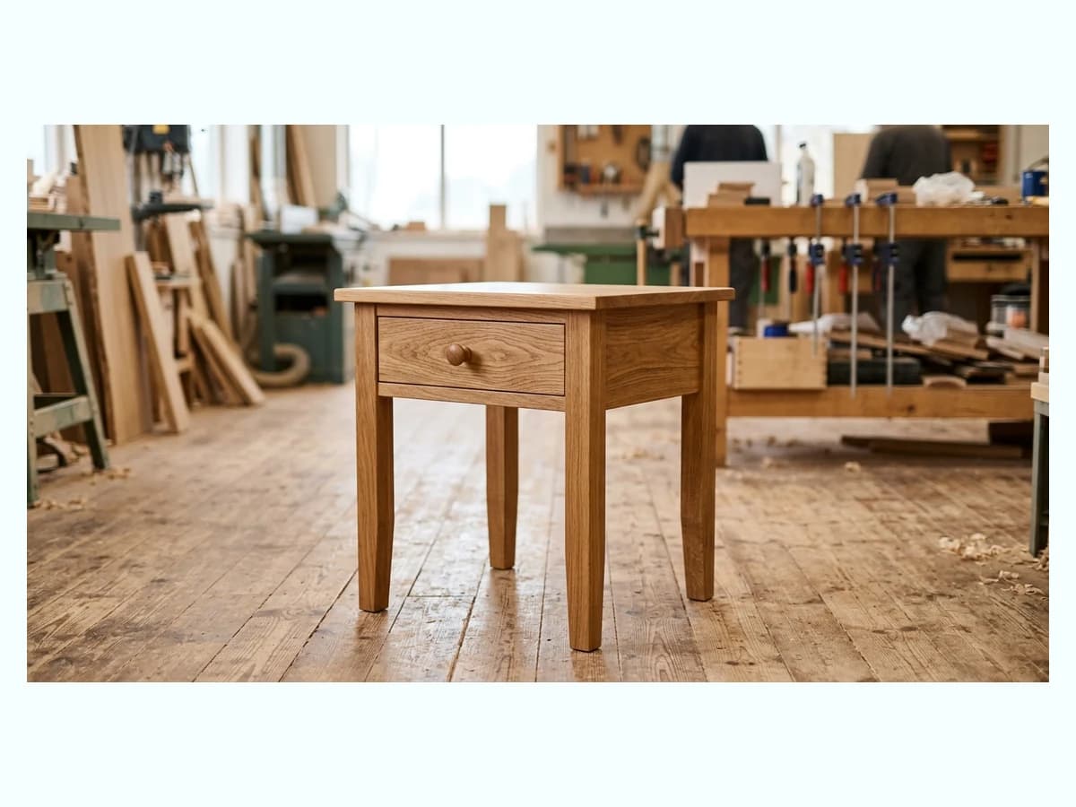 A photo of a solid oak side table with a drawer, ready to upload