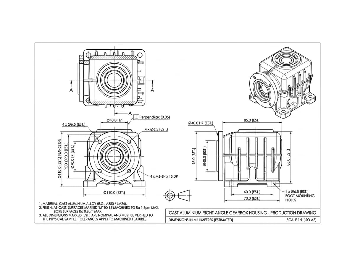 The finished dimensioned production drawing of the gearbox housing with views, tolerances and notes